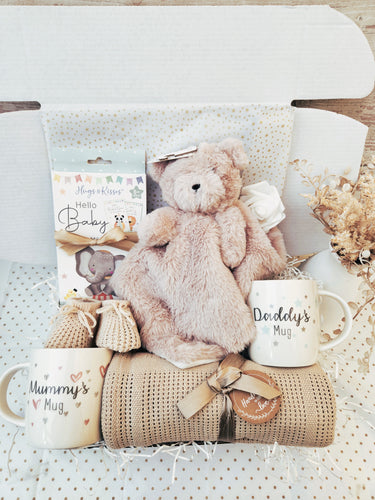 Gorgeous personalised unisex baby gift, Baby bear comforter, mummy and daddy mugs, baby shower gift, maternity leave gift, new baby gift