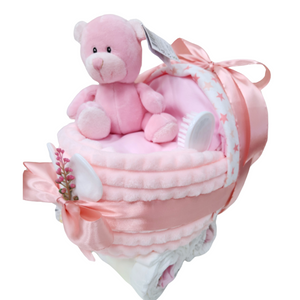 New Baby Girl, Deluxe Baby Bear pram nappy cake, with baby hat, baby brush and comb, baby shower gift, unisex baby gift, mum to be gift,