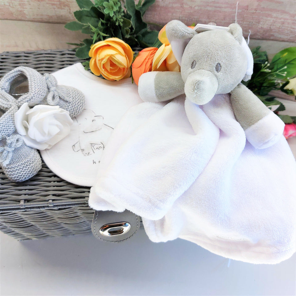 Deluxe Luxury Unisex Baby Hamper, Elephant theme baby gift basket, 30 milestone cards, Baby shower gift, new parents gift, maternity leave