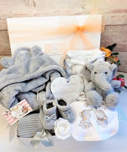 Luxury Unisex Baby Hamper, Elephant theme baby gift box, Baby gown ,Baby blanket, Baby shower gift, new parents gift, maternity leave