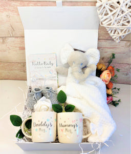 New Luxury Unisex Baby Hamper, Mummy and Daddy Mugs, Baby elephant theme, 30 milestone Cards, Baby gift, Baby shower gift, Pregnancy hamper