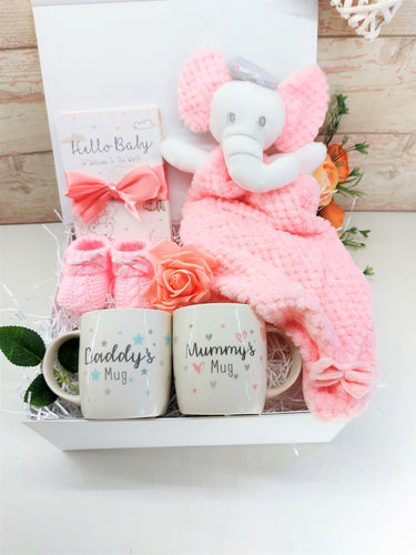 Luxury Baby Girl Hamper, Mummy and Daddy Mugs, Baby elephant theme, 30 milestone Cards, Baby gift, Baby shower gift, Pregnancy hamper