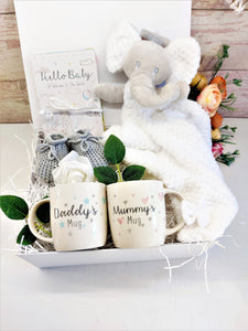 New Luxury Unisex Baby Hamper, Mummy and Daddy Mugs, Baby elephant theme, 30 milestone Cards, Baby gift, Baby shower gift, Pregnancy hamper