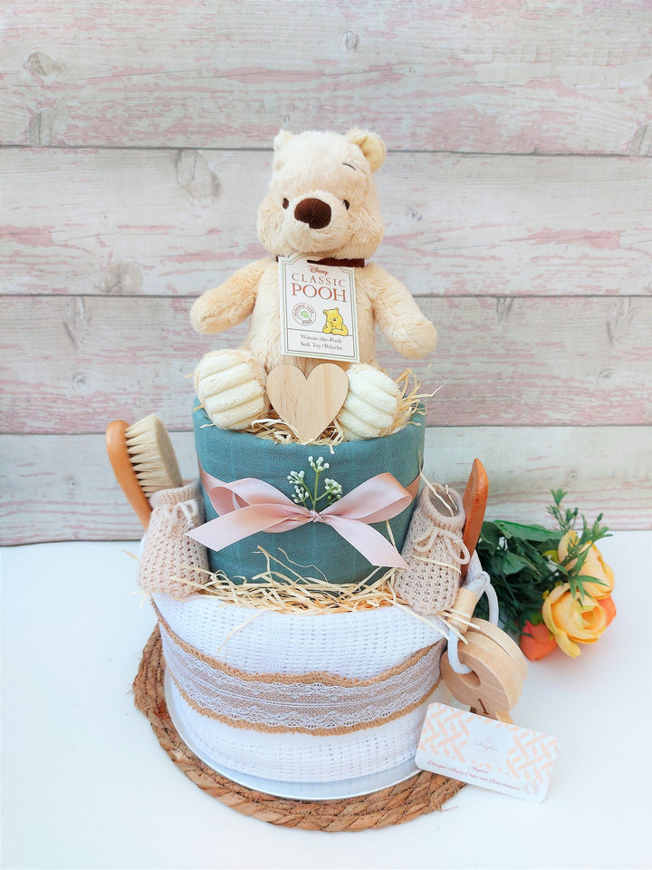 New Deluxe Classic Winnie the Pooh nappy cake, with Pooh licenced soft toy, baby shower gift, maternity gift, baby hamper, baby shower decor