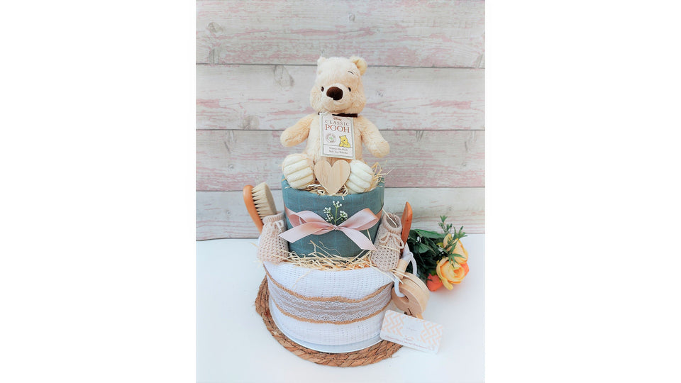 New Deluxe Classic Winnie the Pooh nappy cake, with Pooh licenced soft toy, baby shower gift, maternity gift, baby hamper, baby shower decor