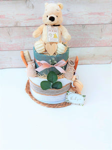 New Deluxe Classic Winnie the Pooh nappy cake, with Pooh licenced soft toy, baby shower gift, maternity gift, baby hamper, baby shower decor