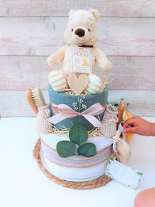 New Deluxe Classic Winnie the Pooh nappy cake, with Pooh licenced soft toy, baby shower gift, maternity gift, baby hamper, baby shower decor