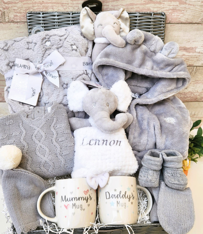 New Ultra Deluxe Baby gift basket, ''Cosy Baby Elephant''  with knitted clothing set, New Parents Mugs, Baby shower gift, personalised gift