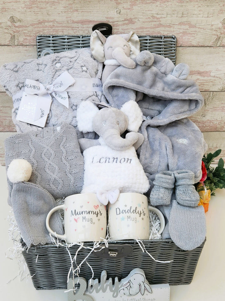 New Ultra Deluxe Baby gift basket, ''Cosy Baby Elephant''  with knitted clothing set, New Parents Mugs, Baby shower gift, personalised gift