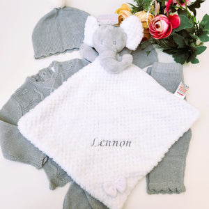 New Ultra Deluxe Baby gift basket, ''Cosy Baby Elephant''  with knitted clothing set, New Parents Mugs, Baby shower gift, personalised gift