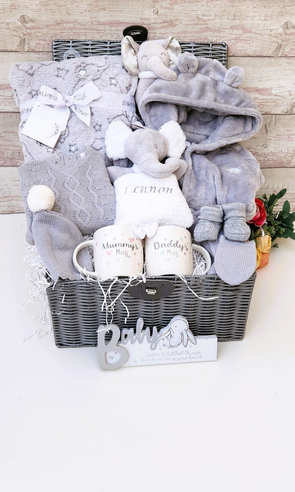 New Ultra Deluxe Baby gift basket, ''Cosy Baby Elephant''  with knitted clothing set, New Parents Mugs, Baby shower gift, personalised gift