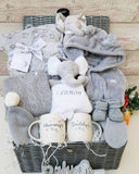 New Ultra Deluxe Baby gift basket, ''Cosy Baby Elephant''  with knitted clothing set, New Parents Mugs, Baby shower gift, personalised gift