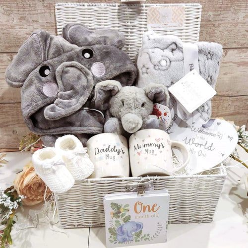 New ''Baby Elephant'' Theme Baby Hamper,  Baby Shower Basket,mugs for parents,  personalised baby gown, New Parents Hamper, Unisex baby gift