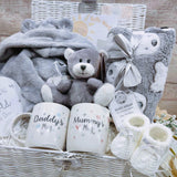 New ''Teddy Bear'' Theme Baby Hamper,  Baby Shower Basket, mugs for parents,  personalised baby gown, New Parents Hamper, Unisex baby gift