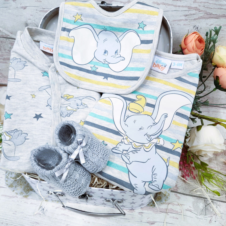 Baby Gift Box, Elephant theme baby hamper, Dumbo licensed clothing set with cute baby bootees, Baby shower gift,Gender neutral Baby gift,