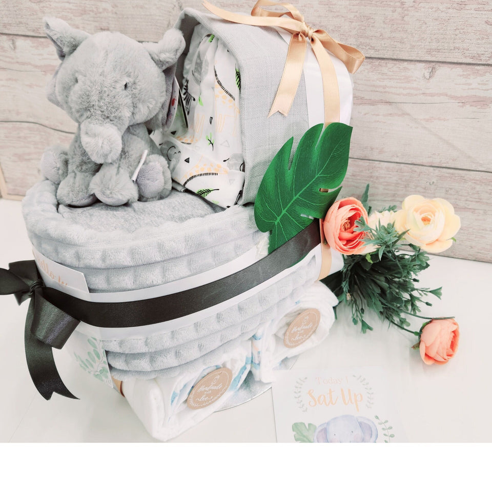 New Deluxe Unisex baby elephant pram nappy cake,with baby milestone cards, baby shower gift, unisex baby gift, mum to be gift, new parents