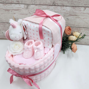 New Baby girl Unicorn pram nappy cake, with baby unicorn rattle, baby shower gift, unisex baby gift, mum to be gift, new parents