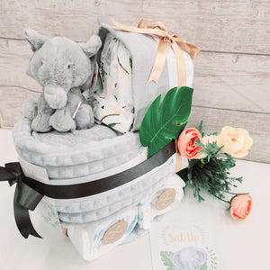 New Deluxe Unisex baby elephant pram nappy cake,with baby milestone cards, baby shower gift, unisex baby gift, mum to be gift, new parents