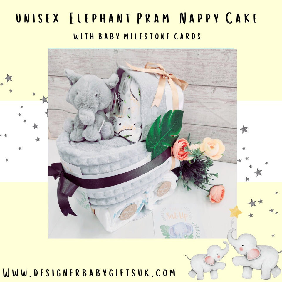 New Deluxe Unisex baby elephant pram nappy cake,with baby milestone cards, baby shower gift, unisex baby gift, mum to be gift, new parents