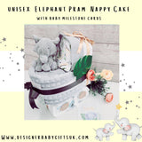 New Deluxe Unisex baby elephant pram nappy cake,with baby milestone cards, baby shower gift, unisex baby gift, mum to be gift, new parents