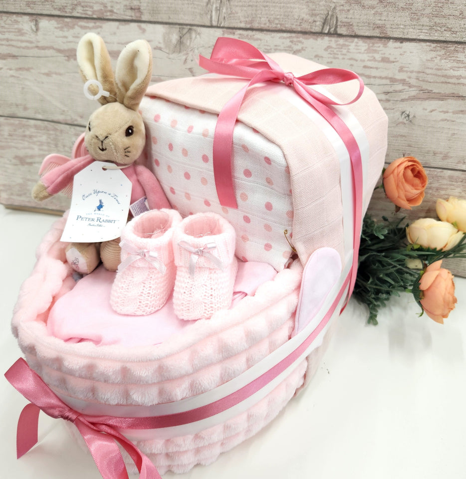 New Baby girl bunny pram nappy cake, with baby bunny rattle, baby shower gift, unisex baby gift, mum to be gift, new parents