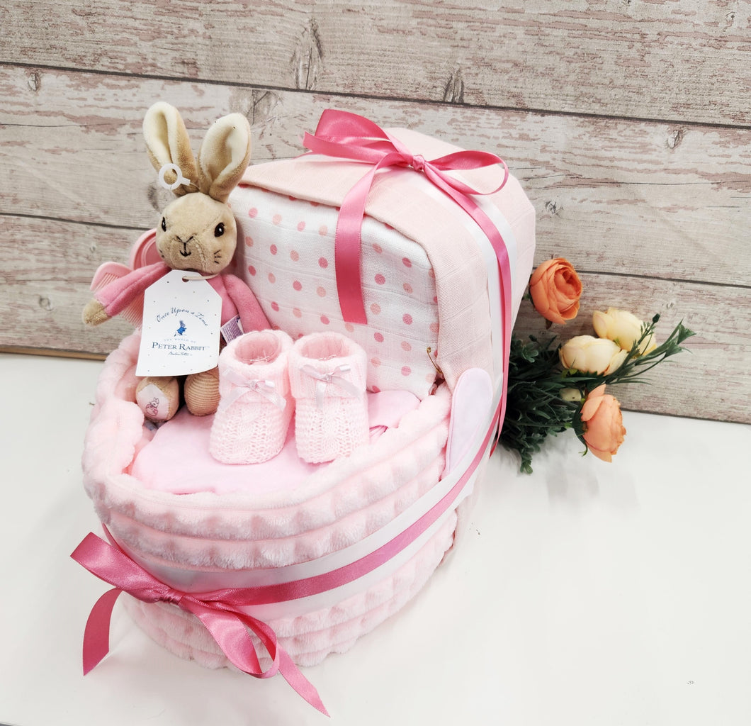 New Baby girl bunny pram nappy cake, with baby bunny rattle, baby shower gift, unisex baby gift, mum to be gift, new parents