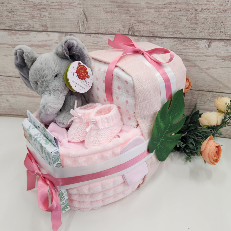 New Deluxe Baby girl elephant pram nappy cake, with baby milestone cards, baby shower gift, unisex baby gift, mum to be gift, new parents