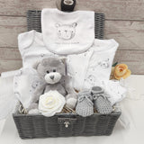 NEW Baby Hamper,10 piece Baby Bear gift in a nursery storage basket,30 milestone cards, baby shower gift, baby boy gift, baby girl gift