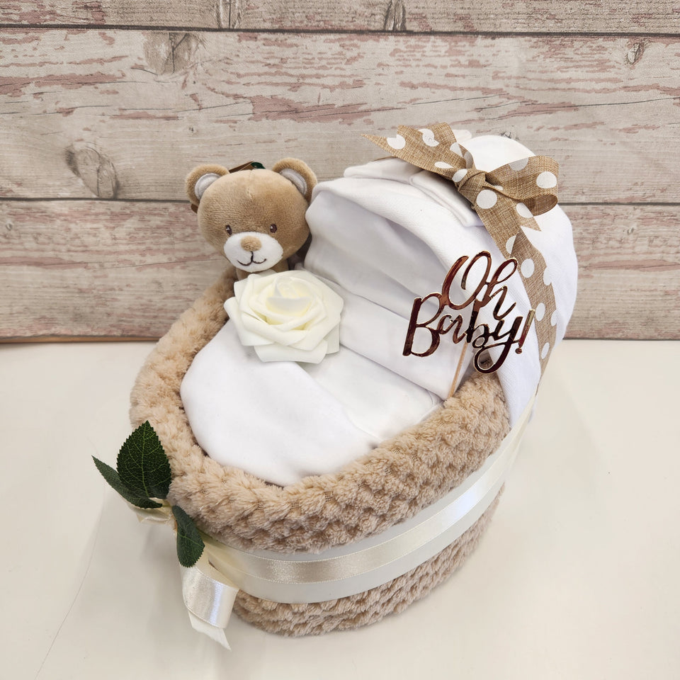 New Deluxe Unisex baby bear pram nappy cake, baby shower gift, unisex baby gift, mum to be gift, new parents gift