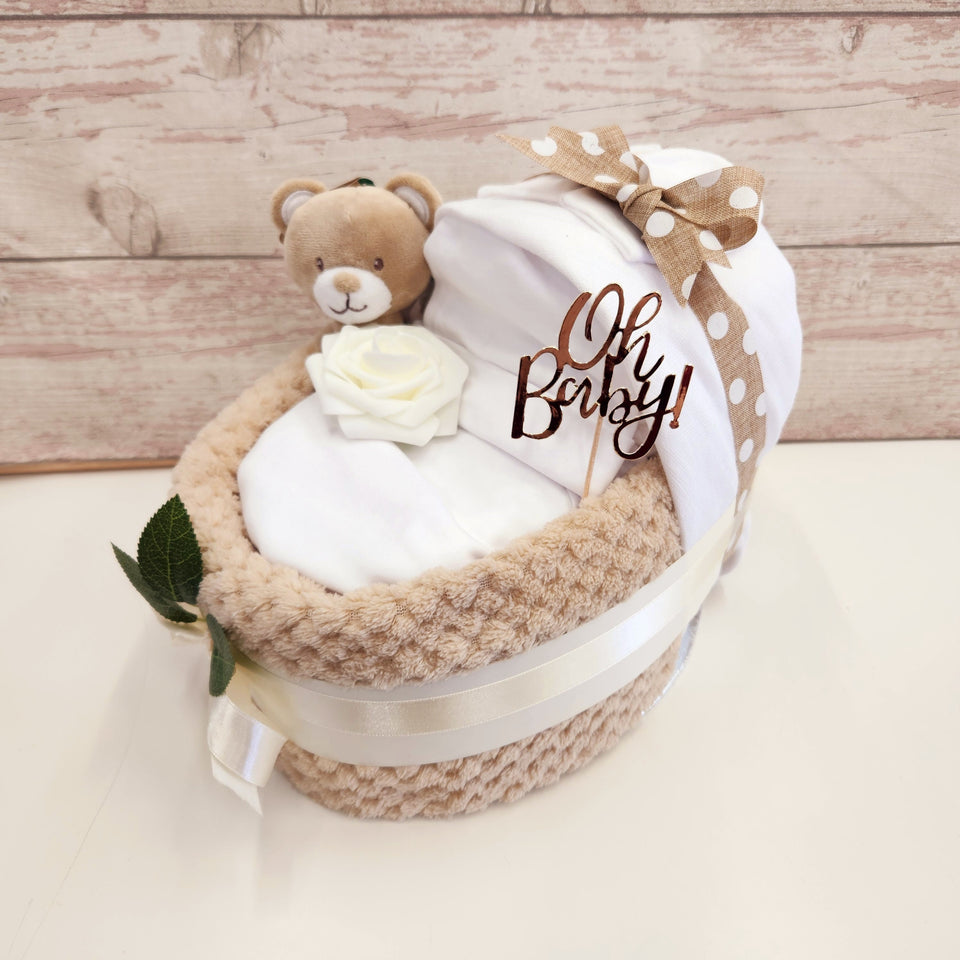 New Deluxe Unisex baby bear pram nappy cake, baby shower gift, unisex baby gift, mum to be gift, new parents gift