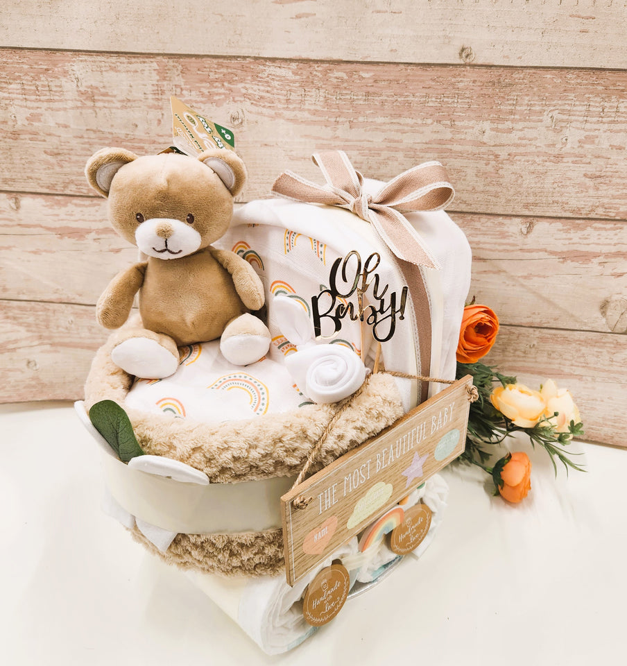 New Deluxe Unisex baby BEAR pram nappy cake, with baby milestone cards, baby shower gift, unisex baby gift, mum to be gift, new parents