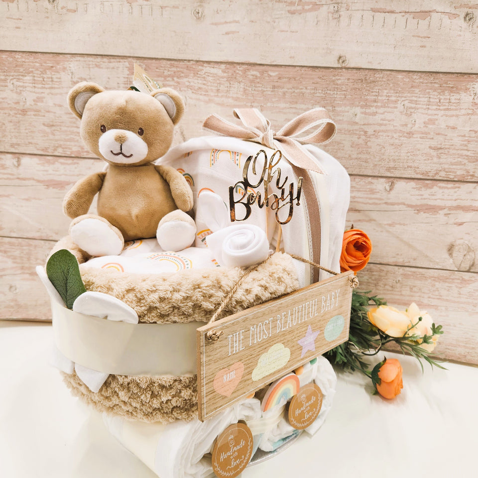 New Deluxe Unisex baby BEAR pram nappy cake, with baby milestone cards, baby shower gift, unisex baby gift, mum to be gift, new parents