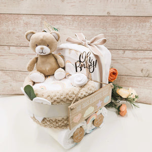 New Deluxe Unisex baby BEAR pram nappy cake, with baby milestone cards, baby shower gift, unisex baby gift, mum to be gift, new parents