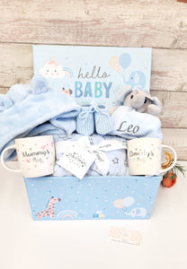 Deluxe Baby Boy Safari Gift Hamper, Baby gown with cute mugs for mummy and daddy, Baby Shower gift, gift for new parents, free gift card