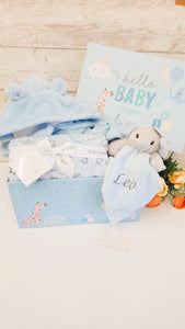 Deluxe Baby Boy Safari Gift Hamper, Baby gown with cute mugs for mummy and daddy, Baby Shower gift, gift for new parents, free gift card