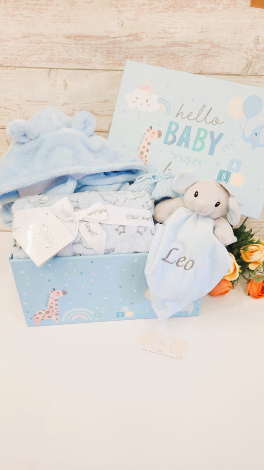 Deluxe Baby Boy Safari Gift Hamper, Baby gown with cute mugs for mummy and daddy, Baby Shower gift, gift for new parents, free gift card