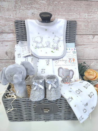 Adorable Unisex Baby Hamper, Safari Elephant theme, Baby shower basket, Baby shower gift, New parents gift, maternity leave