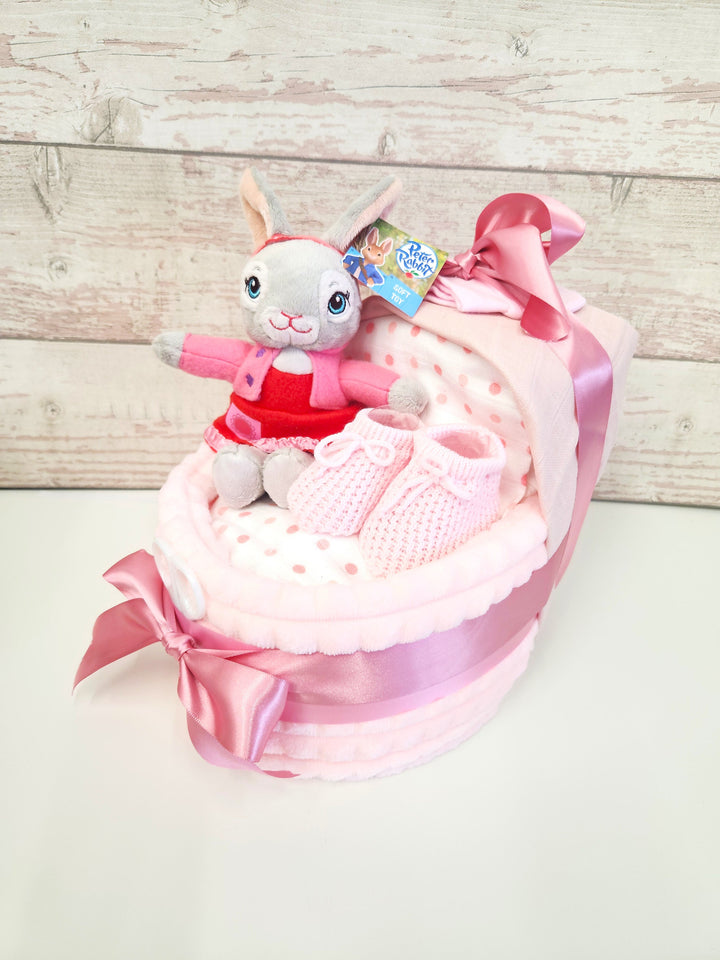 New Baby girl bunny pram nappy cake, with baby bunny rattle, baby shower gift, unisex baby gift, mum to be gift, new parents