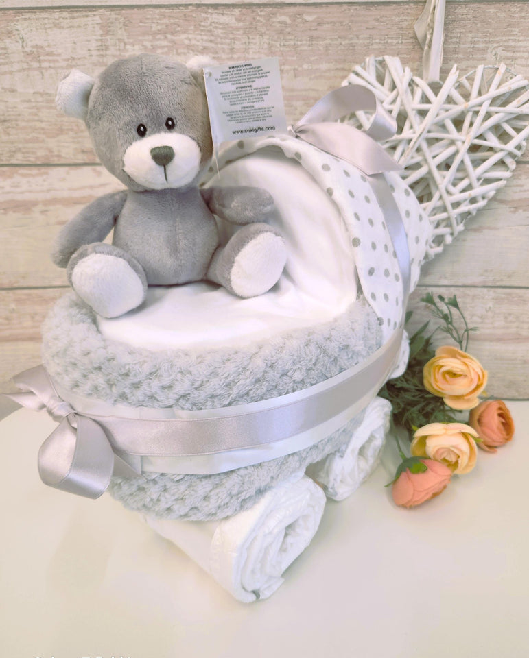 Nappy Cake, Deluxe grey and white nappy cake pram, Baby shower gift, Unisex  hamper, Baby boy gift,  Mum to be gift,  baby shower gift,