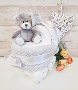 Nappy Cake, Deluxe grey and white nappy cake pram, Baby shower gift, Unisex  hamper, Baby boy gift,  Mum to be gift,  baby shower gift,