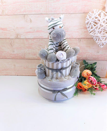 Safari Theme Nappy Cake, Baby Zebra 2 Tier Nappy Cake with Zebra Soft Toy, baby bootees, Baby Shower Gift, Mum to Be gift, Maternity leave