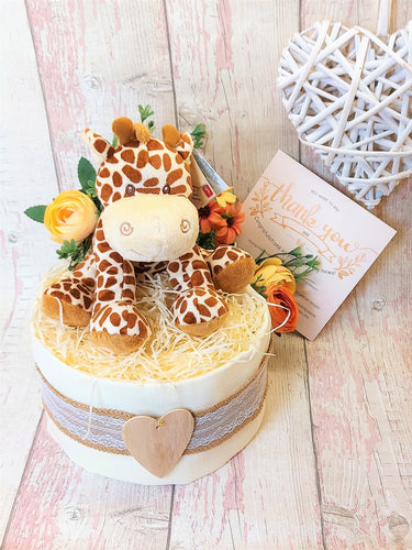 Safari Theme Nappy Cake, Baby Giraffe  Nappy Cake with Giraffe Soft Toy, Baby Shower Gift, Mum to Be gift, Maternity leave