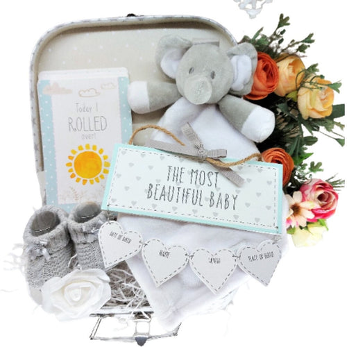 Unisex Baby Hamper, Elephant theme,30 milestone cards, in a keepsake suitcase trunk, Baby Shower gift, New Parents hamper,Mum to be gift,