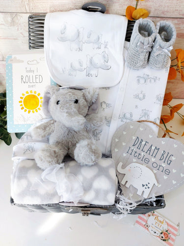 New Baby Elephant Theme Hamper, Baby Shower Gift Basket, Cotton clothing set, Baby Boy hamper, Baby Girl Hamper, New Parents Gift