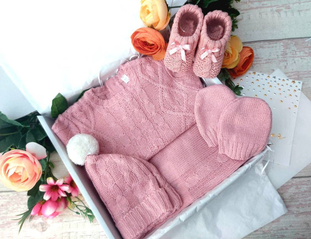 Cute Baby Girl Hamper, Knitted baby clothes with cute little booties, Baby shower gift, New baby gift, Baby hamper, Maternity leave gift