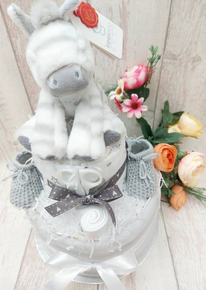 New Nappy Cake,  Unisex Nappy cake with 30 baby milestone cards, Baby boy gift, Baby girl gift, Mum to be gift, Neutral baby shower gift