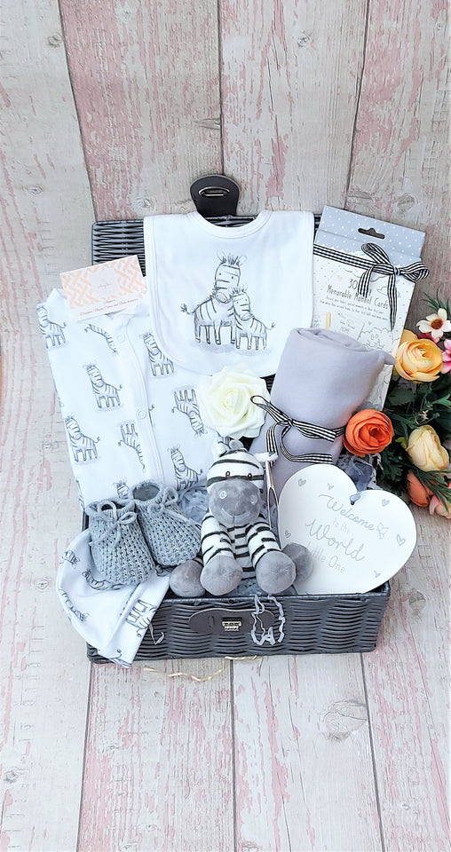 Adorable Unisex Baby Hamper, Safari Zebra theme, Baby shower basket, Baby shower gift, New parents gift, maternity leave