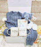 New Deluxe Cosy Baby Boy Hamper, Knitted baby clothes with mummy and daddy mugs, New baby gift, Baby shower gift, New parents gift