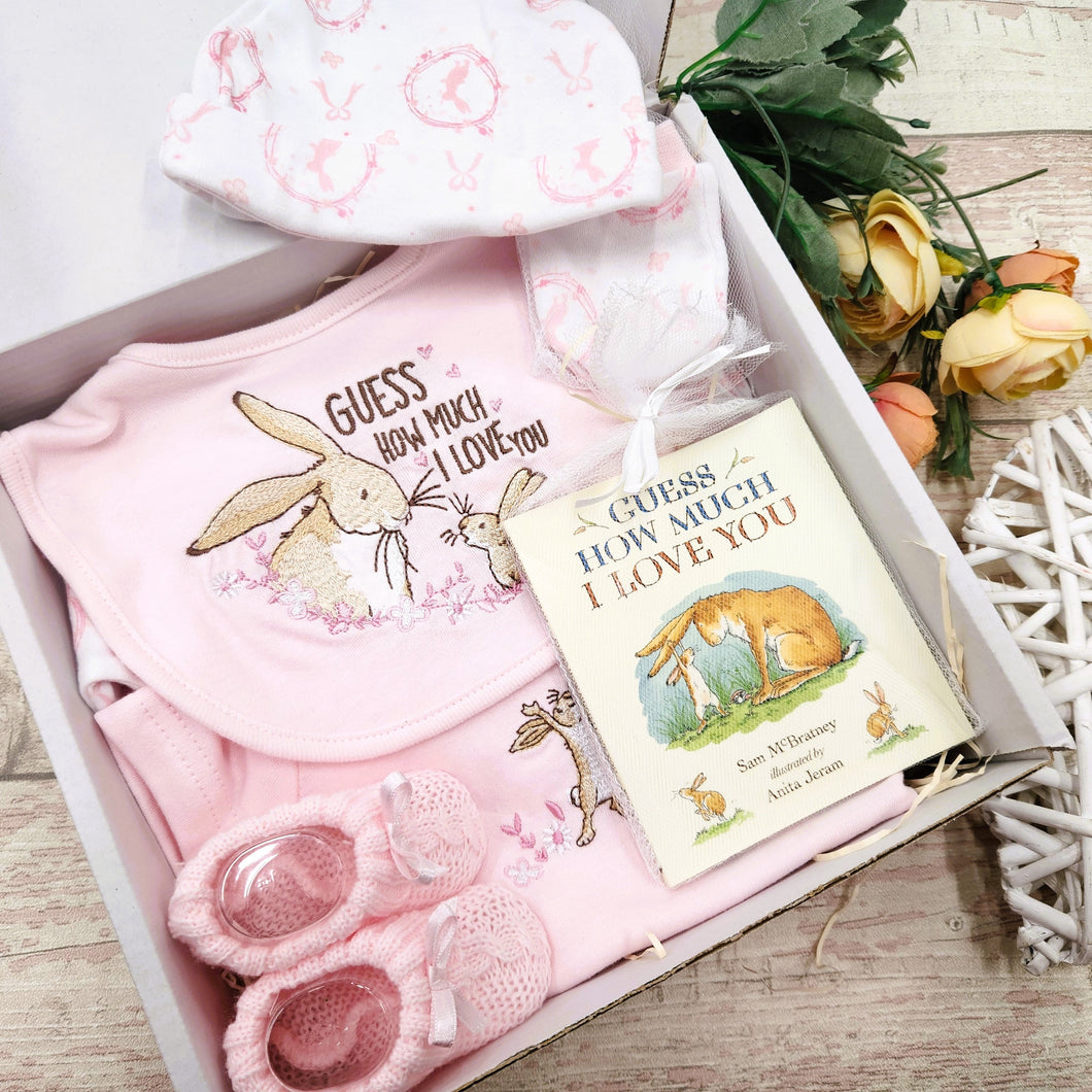 Baby girl gift box, Guess How Much I love you, Baby girl hamper with small book, 6 piece gift set, Baby shower gift, New baby girl gift